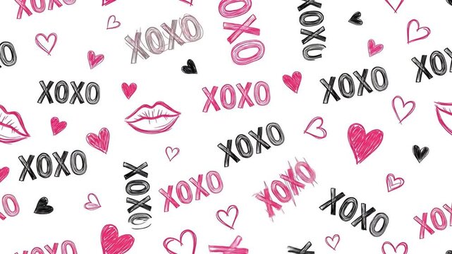 Valentines Day background with hearts and XOXO symbols on white.