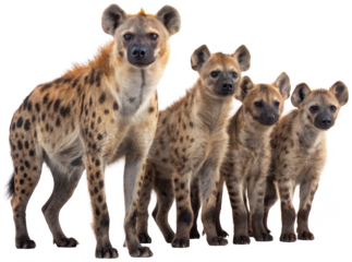 Three strikingly spotted hyenas, exhibiting realistic fur textures and detailed facial features, are depicted standing closely together in a natural pose,, isolated on transparent background.