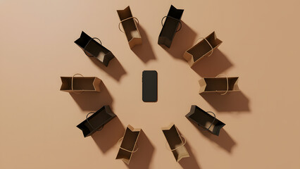 Mobile phone surrounded by shopping bags, representing online shopping and e-commerce on a minimalist background