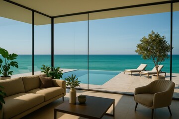 Obraz premium Elegant modern living room with sofa, armchair, and plants facing infinity pool and turquoise ocean through glass walls, minimalist tropical concept. Ai generative