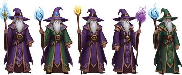 Set of five fantasy wizard character illustrations, featuring long white beard, magic staff with glowing flame, colorful robes, and pointed hat, for video game assets and RPG design. © Sagar Creative