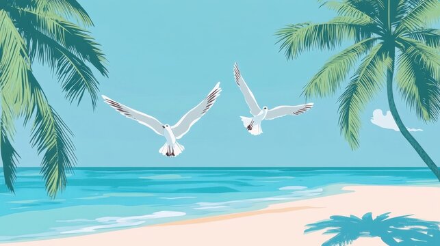 Tropical Beach Scene with Seagulls.