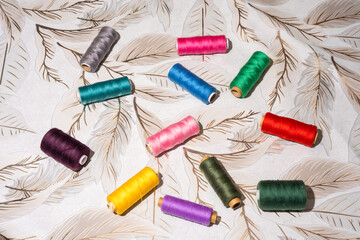 Spools of thread in various colors arranged side by side.

