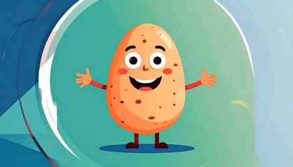 Cartoon potato with smiling face, arms out, set on blue abstract background