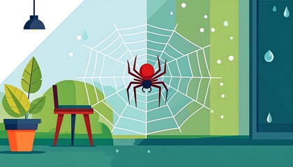 Cartoon spider sits on a web in a room with plant, chair, light, and window with rain