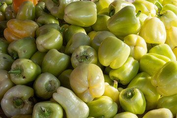 A pile of green bell peppers on a market stall.

