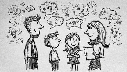 Parent-teacher communication strategy illustrated as parents and teachers exchanging notes and symbols
