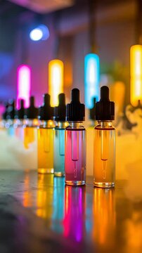 Close up of vibrant colored e-liquid bottles with droppers in a row on a reflective surface against blurred lighting and vapor smoke