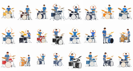A collection of various male drummers playing different colored drum sets in diverse action poses, isolated vector illustrations for music and band concepts.