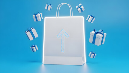 Digital Shopping & Gift Delivery Concept: White Bag with Glowing Arrow & Floating Presents on Blue Background