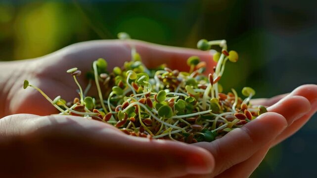 A human hand gently cradling a small amount of young plant sprouts. The seeds have just started to germinate and form small shoots.