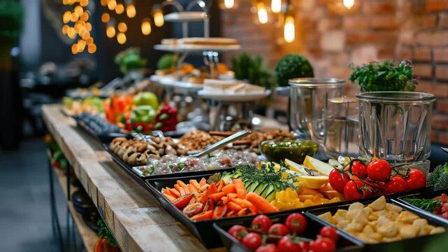 A long wooden buffet table is filled with an array of colorful fresh fruits, vegetables, and snacks. The platters are neatly arranged in rows