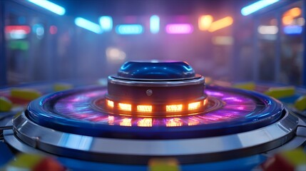 A close up of a spinning colorful arcade game wheel with bright neon lights and a blurred background