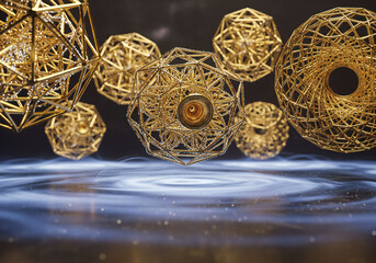 Golden geometric shapes floating on water with ripples and dark background