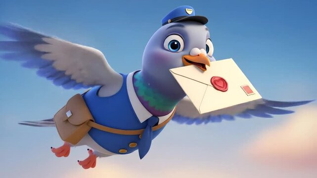 Animated Pigeon Mail Carrier Flying with Letter in Sky.