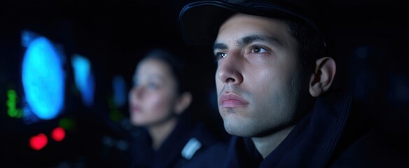 Warship sonar operators attentively tracking intricate underwater signals and advanced navigation systems.