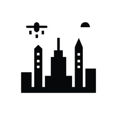 Obraz premium Geometric Cityscape Icon with Flying Aircraft