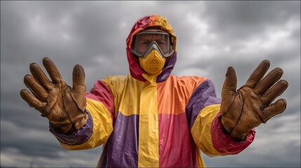Fototapeta premium A person in a colorful protective suit and gas mask extends gloved hands forward against a stormy overcast sky