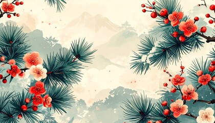 山と松竹梅が彩る優しいパステル調の和風正月背景素材