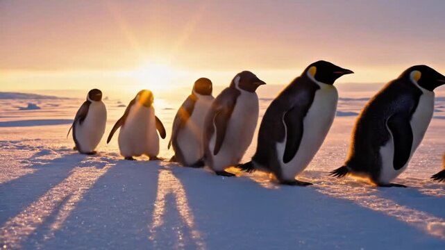 Emperor Penguins marching in a row across the ice during golden hour