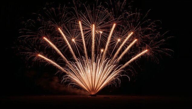 Mine firework erupts from ground launching multiple effects upward simultaneously in dramatic synchronized bursts