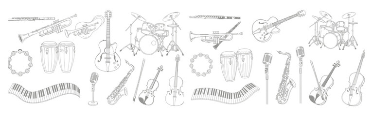 Jazz band instruments line art collection, guitar, saxophone, trumpet, drums, violin, piano keyboard illustration © MD
