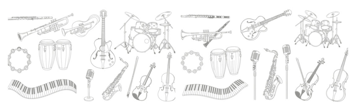Jazz band instruments line art collection, guitar, saxophone, trumpet, drums, violin, piano keyboard illustration