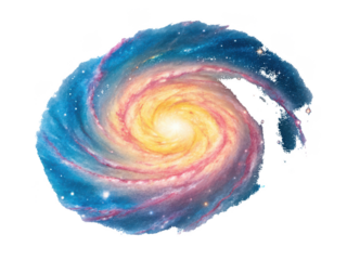 A breathtakingly vibrant and swirling galactic spiral nebula, rendered in a painterly digital style with luminous hues of blue, orange, and purple, dynamically, isolated on transparent background.