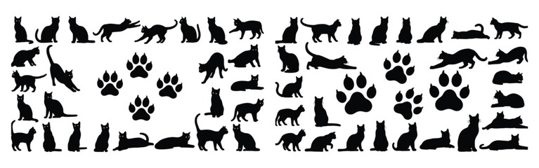 Black cat silhouettes and paw prints collection vector graphics bundle for animal design projects
