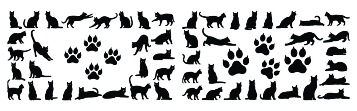 Black cat silhouettes and paw prints collection vector graphics bundle for animal design projects