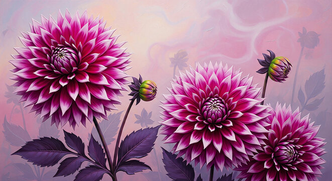 Oil Painting of Magenta and Purple Dahlia Flowers  3D relief wallpaper for mural wall art, canvas print, wall decor painting design