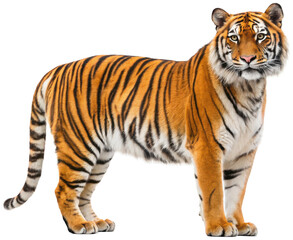 Fototapeta premium Majestic, powerfully built Bengal tiger with vibrant orange and black striped fur, stands in a confident, alert pose with focused gaze, presented against a, isolated on transparent background.