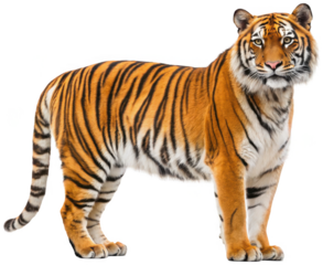 Majestic, powerfully built Bengal tiger with vibrant orange and black striped fur, stands in a confident, alert pose with focused gaze, presented against a, isolated on transparent background.