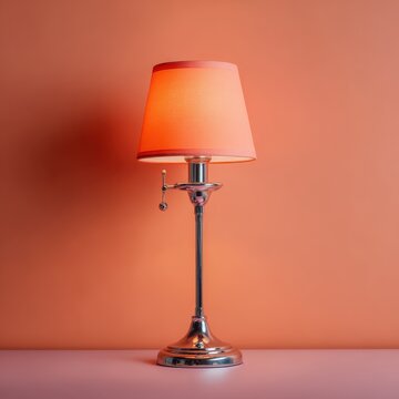 A classic metal table lamp with an orange textured lampshade glows warmly against a solid peach colored wall.