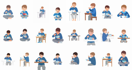 Vector set of cute little boys eating breakfast cereal, sitting at tables or on the floor, isolated on white background.