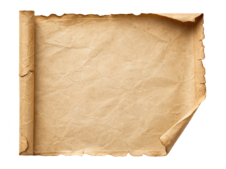 Aged and brittle parchment paper scroll with heavily textured, cracked surface and unevenly torn edges, is partially unrolled and presented against a stark white, isolated on transparent background.