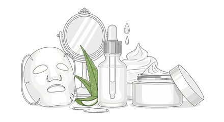 Aesthetic flat lay illustration of skincare products including a facial mask, aloe vera, serum, and creams for beauty routines