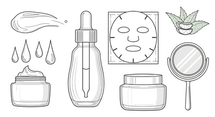 Collection of cosmetic products and beauty essentials, including skincare items and beauty accessories