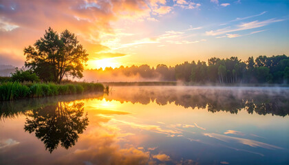 reflection at dawn, serene water 