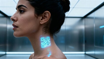biometric data neck code glows on woman in clinical corridor showing secure patient identity link