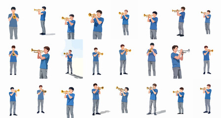 A collection of illustrated poses of young male musicians playing the golden trumpet, isolated on white background. © Sabiqul