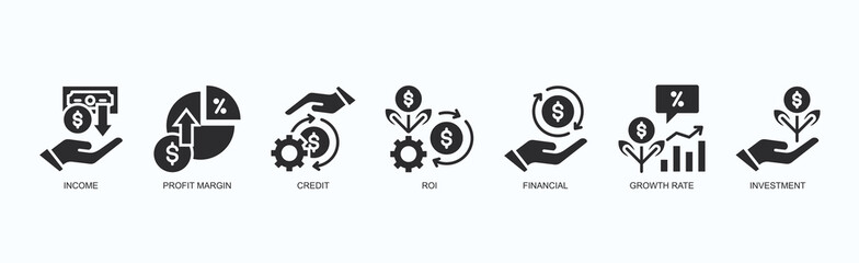 Obraz premium Wealth Engine Icon Set Isolated Vector With Icon Of Income, Profit Margin, Credit, Roi, Financial, Growth Rate, Investment In Black Style