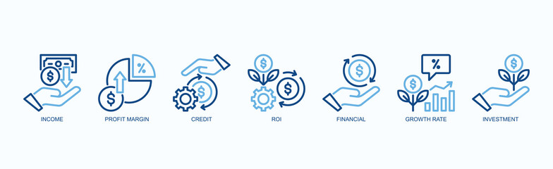 Wealth Engine Icon Set Isolated Vector With Icon Of Income, Profit Margin, Credit, Roi, Financial, Growth Rate, Investment In Two Color Outline Style