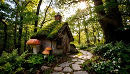 Enchanted forest cottage surrounded by greenery and sunlight