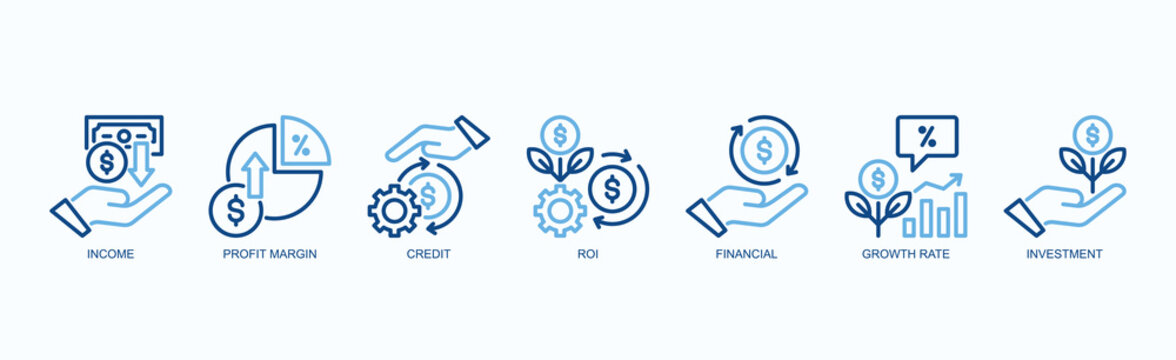 Wealth Engine Icon Set Isolated Vector With Icon Of Income, Profit Margin, Credit, Roi, Financial, Growth Rate, Investment In Two Color Outline Style