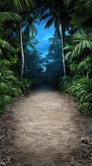 Obraz premium Dark Forest Aura of Mystery Serene Pathway Through Lush Tropical Jungle at Dusk