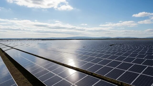 Solar Panel Array Under a Sunlit Sky: An expansive solar panel array stretches across a landscape, harnessing the power of the sun under a clear, cloud-dappled sky.