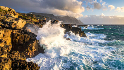 waves crashing on rocky coastline, 
