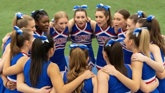 Excited Cheerleading Team of Young Women in Blue Uniforms Celebrating Together on Sports Field