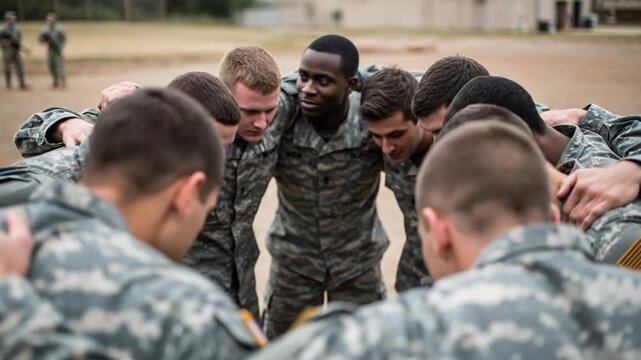 Diverse Group of Young Men in Camouflage Military Uniforms Huddled Together for Team Building Activity